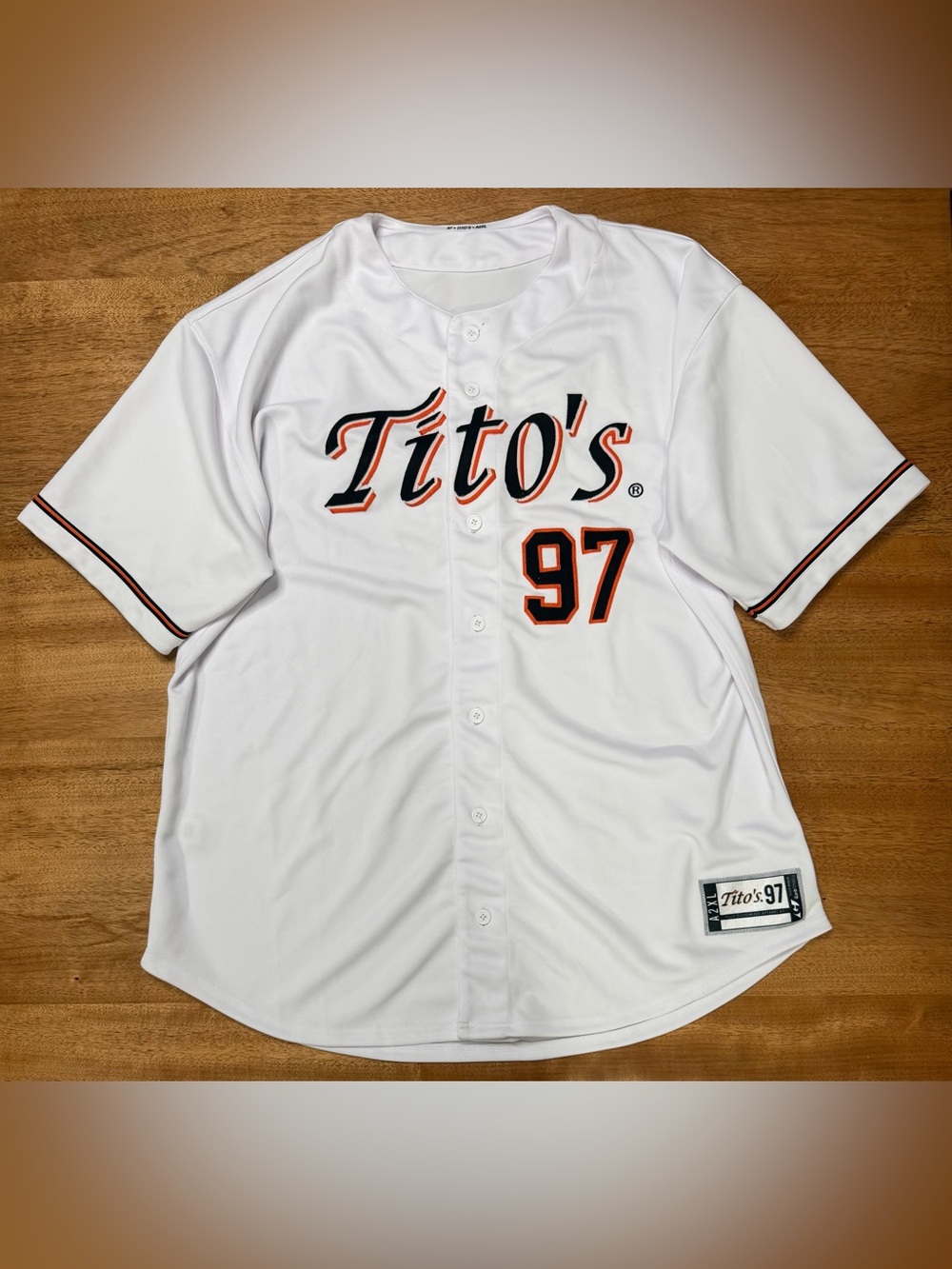 Tito's Handmade Vodka 97’ White Baseball Jersey Stitched Sewn, Size 2XL